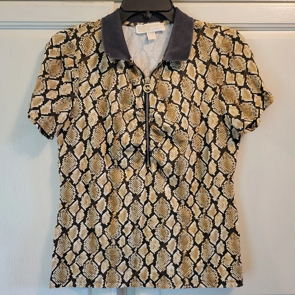 Michael Kors Snakeskin Print Ruched Bust 3/4 Zip Collared Short Sleeve Shirt